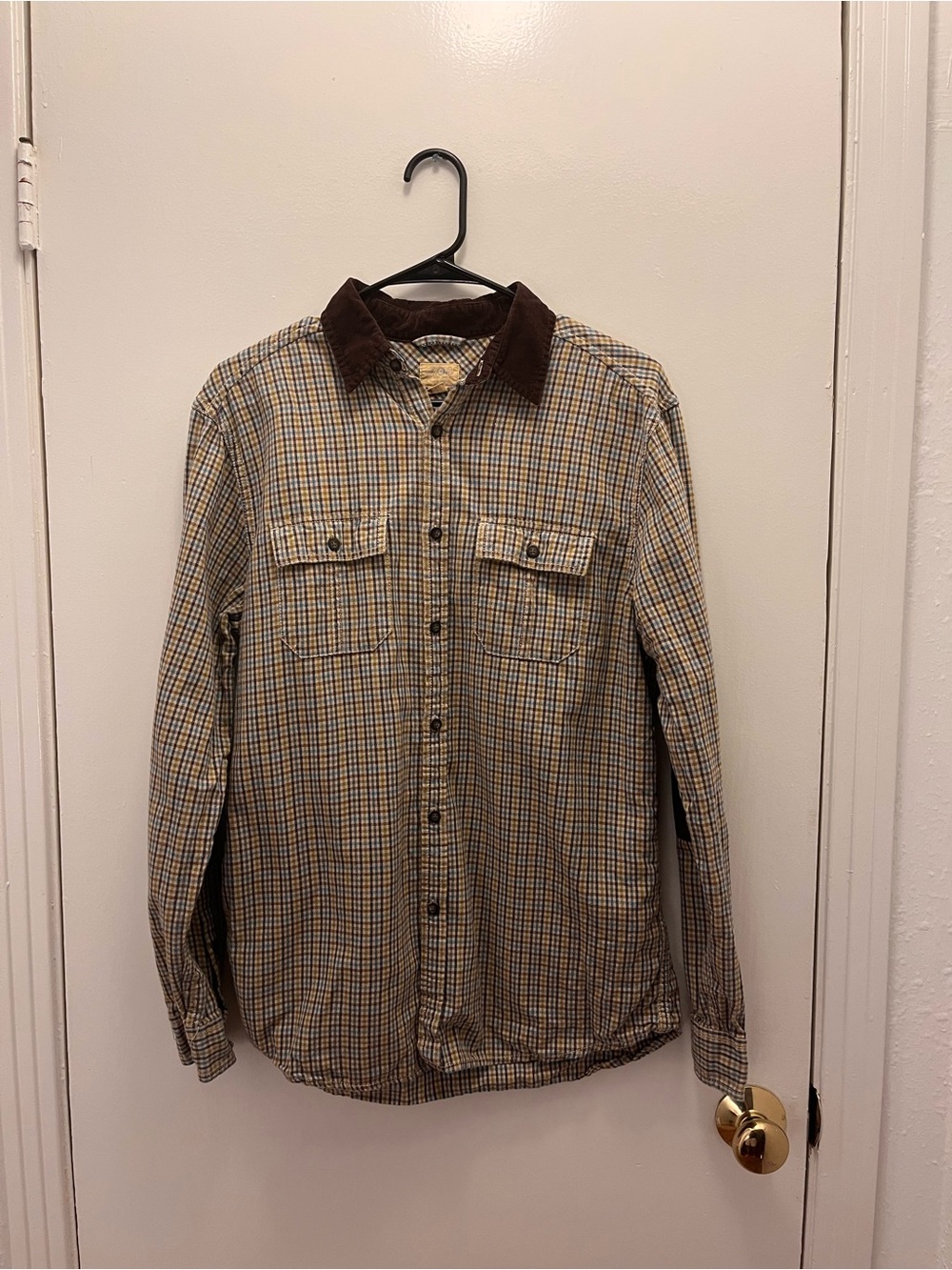 Vintage Buffalo Plaid Button-Up Shirt with Brown Corduroy Collar and Elbow Pads